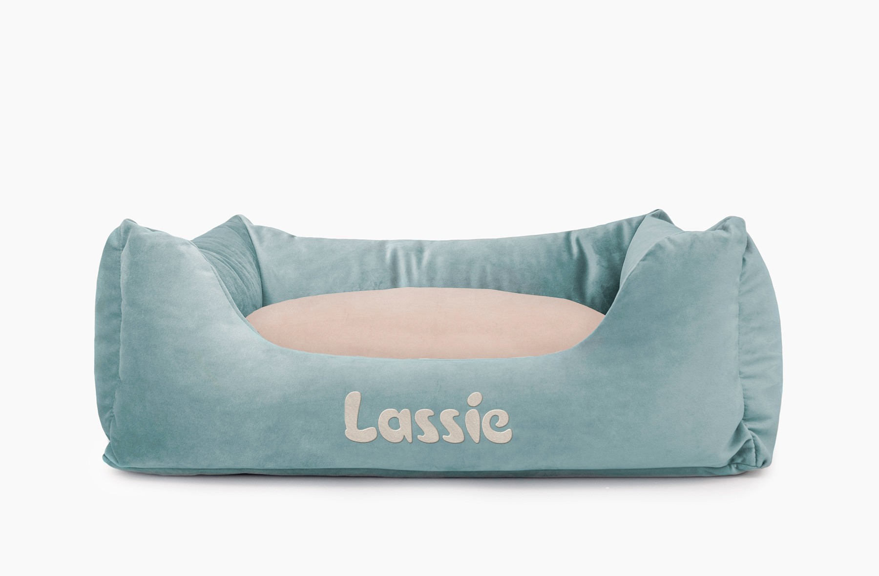 Cama para mascotas en color Agua con cojín Beige con bordado