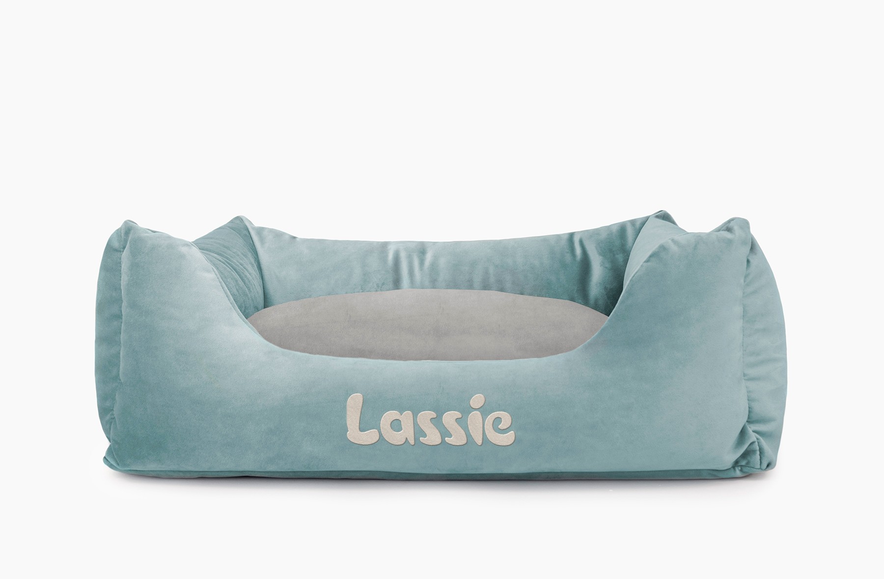 Cama para mascotas en color Agua con cojín Gris con bordado