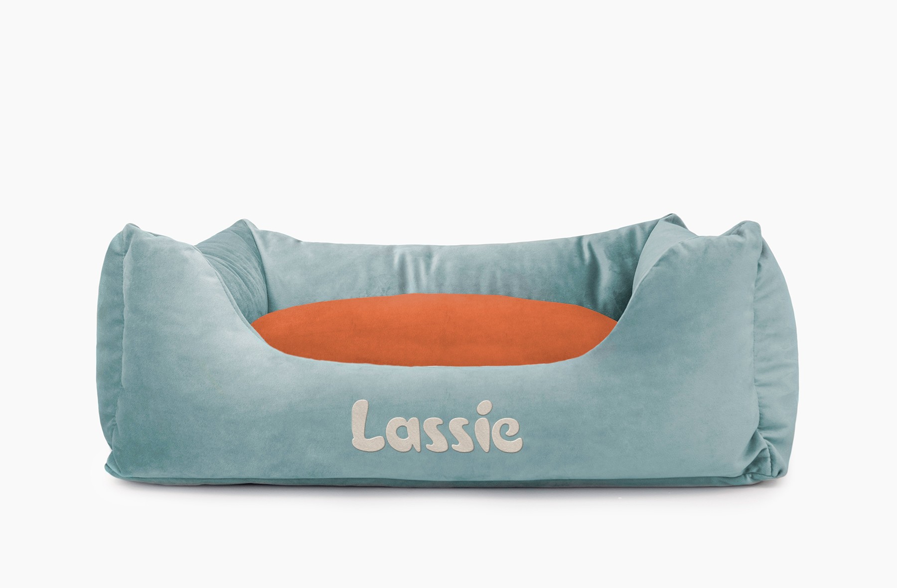 Cama para mascotas en color Agua con cojín Teja con bordado