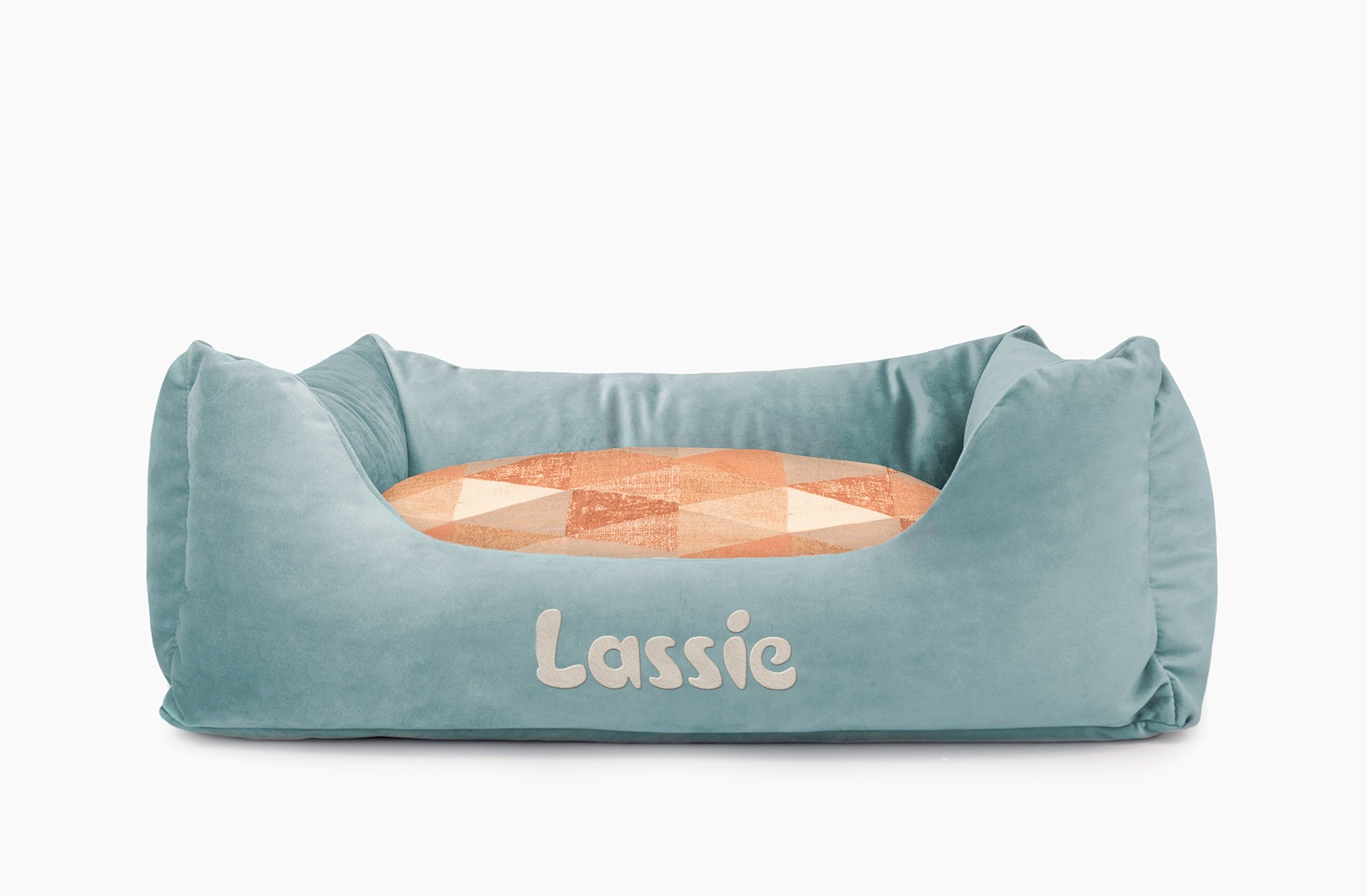 Cama para mascotas en color Agua con cojín Triángulos Teja con bordado