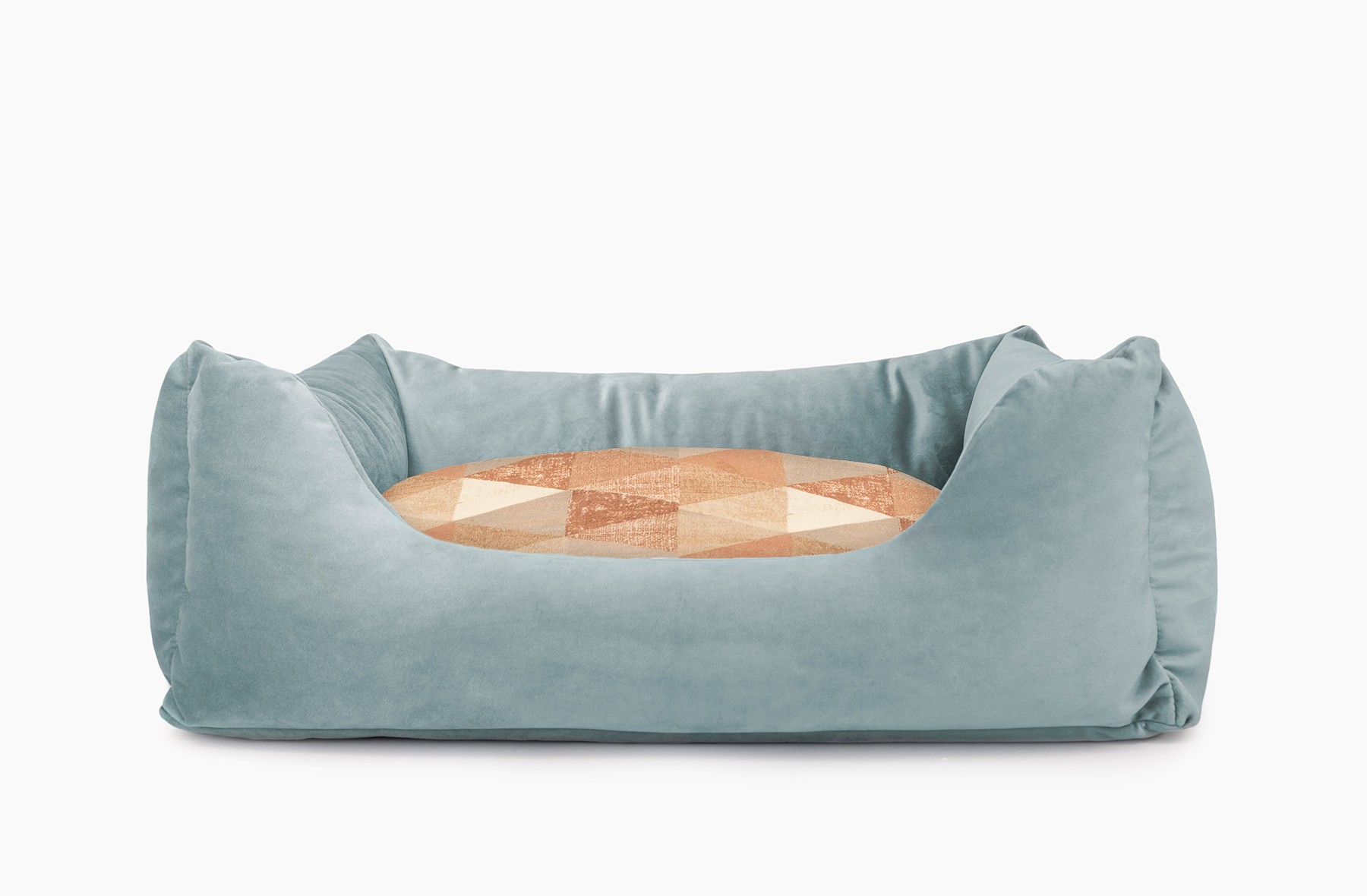 Cama para mascotas en color Agua con cojín Triángulos Teja sin bordado