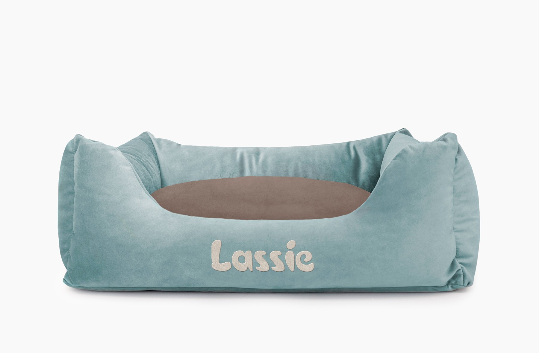 Cama para mascotas en color Agua con cojín Visón con bordado