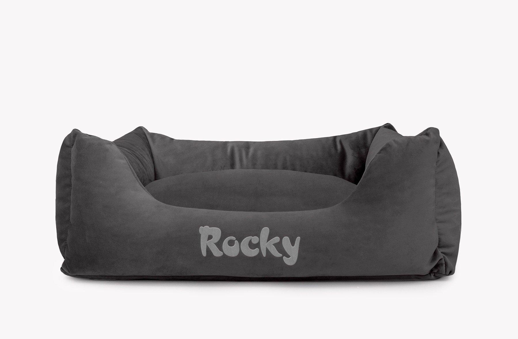 Cama para mascotas en color Antracita con cojín Antracita con bordado