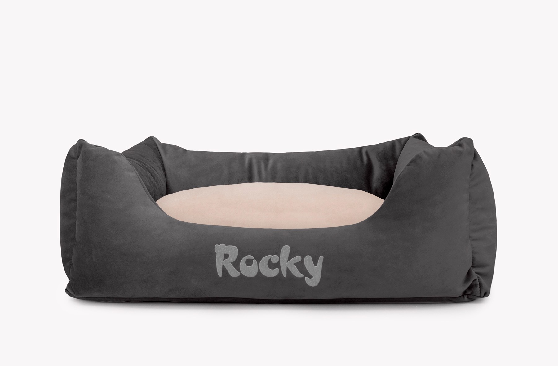 Cama para mascotas en color Antracita con cojín Beige con bordado