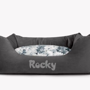 Cama para mascotas en color Antracita con cojín Flores Agua con bordado