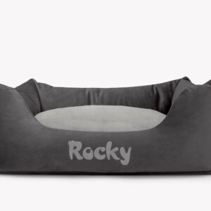 Cama para mascotas en color Antracita con cojín Gris con bordado