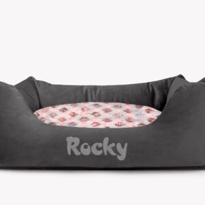 Cama para mascotas en color Antracita con cojín Rombos Rosa con bordado