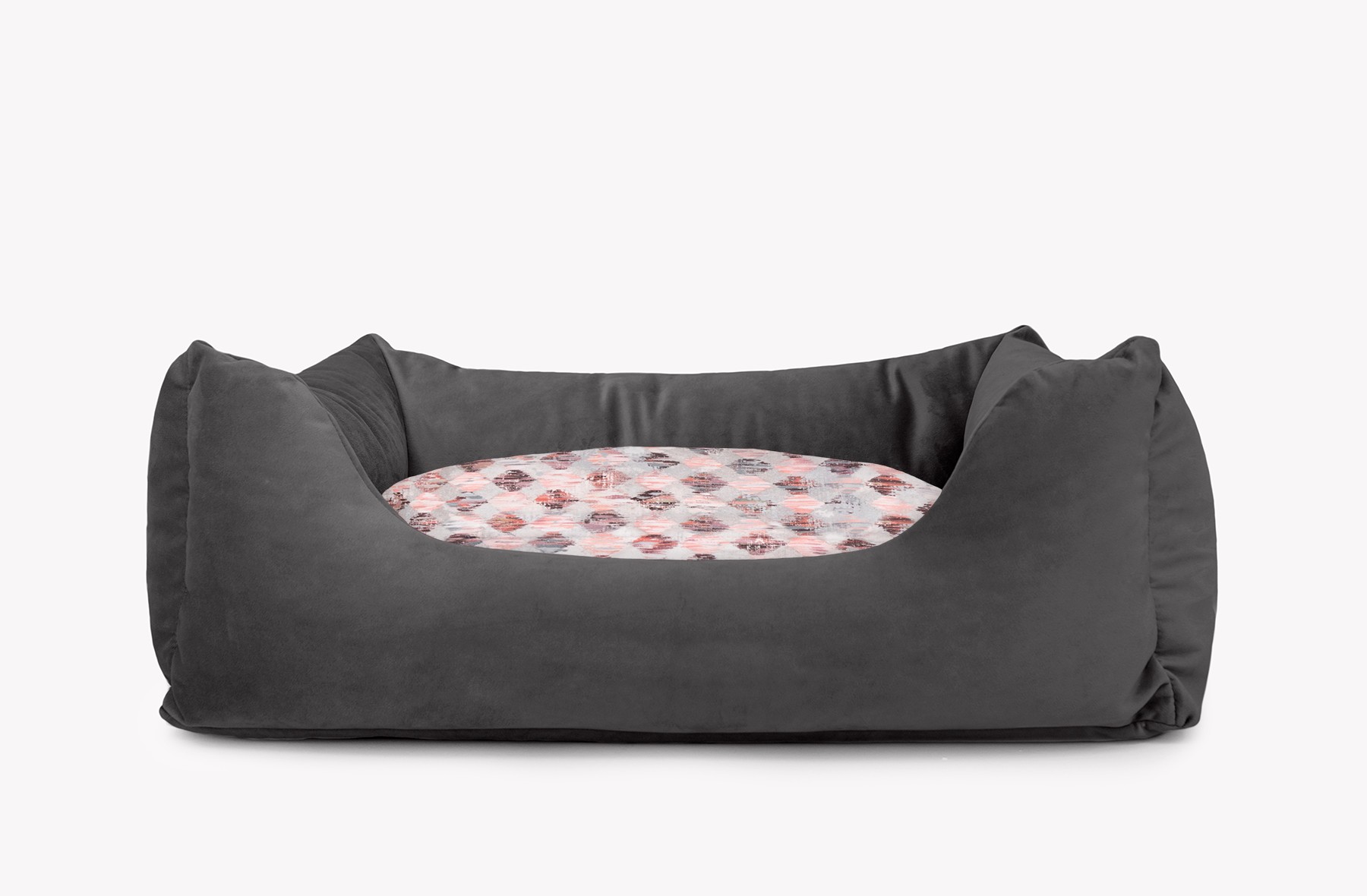 Cama para mascotas en color Antracita con cojín Rombos Rosa sin bordado