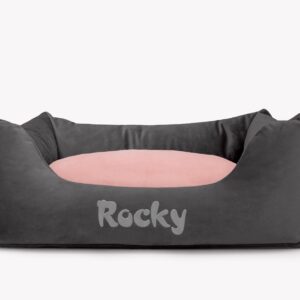 Cama para mascotas en color Antracita con cojín Rosa Palo con bordado