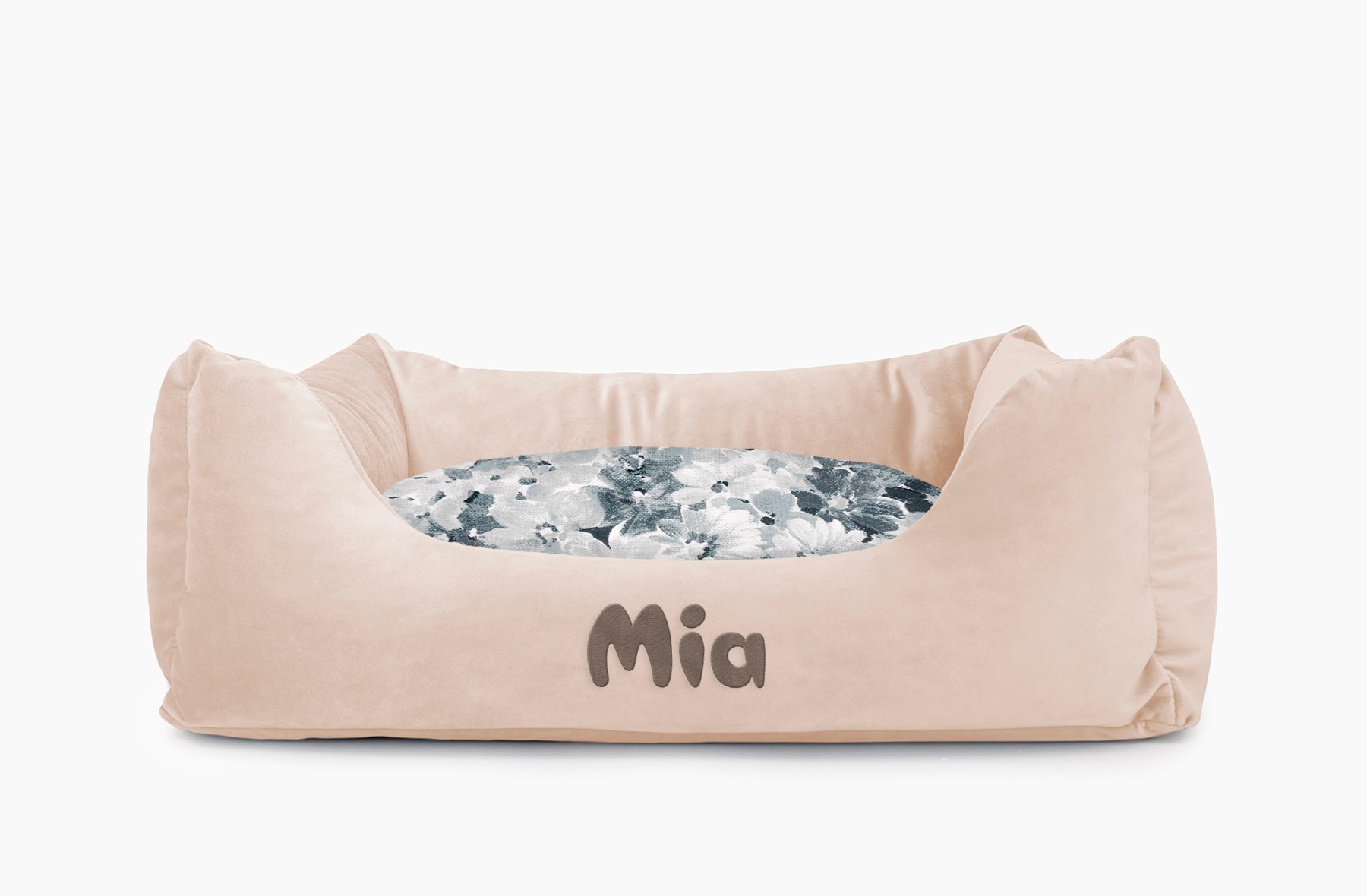 Cama para mascotas en color Beige con cojín Flores Agua con bordado