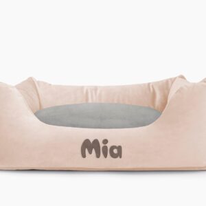 Cama para mascotas en color Beige con cojín Gris con bordado