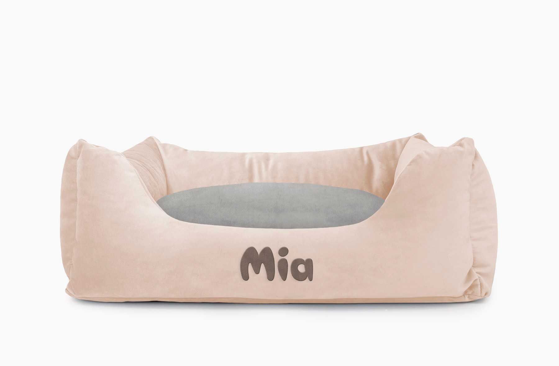 Cama para mascotas en color Beige con cojín Gris con bordado