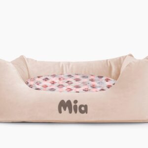 Cama para mascotas en color Beige con cojín Rombos Rosa con bordado