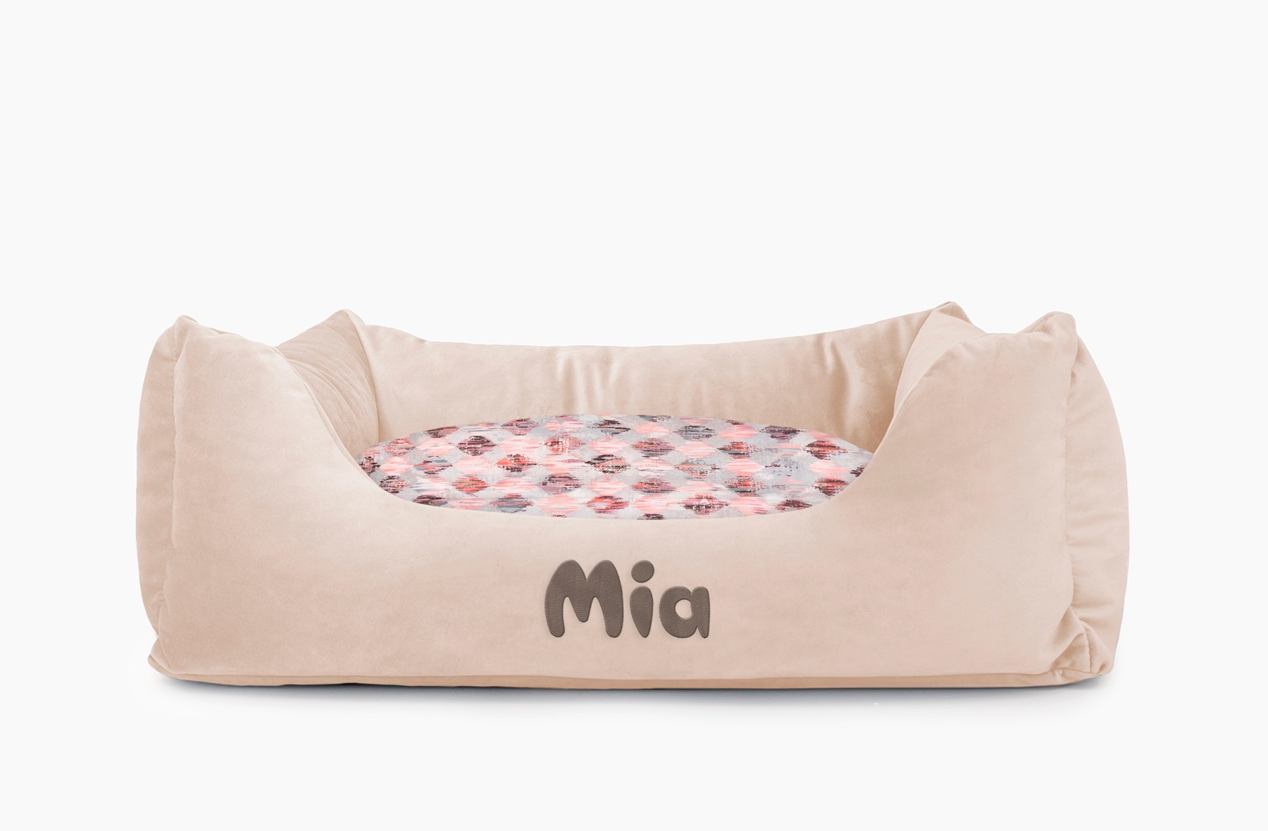 Cama para mascotas en color Beige con cojín Rombos Rosa con bordado