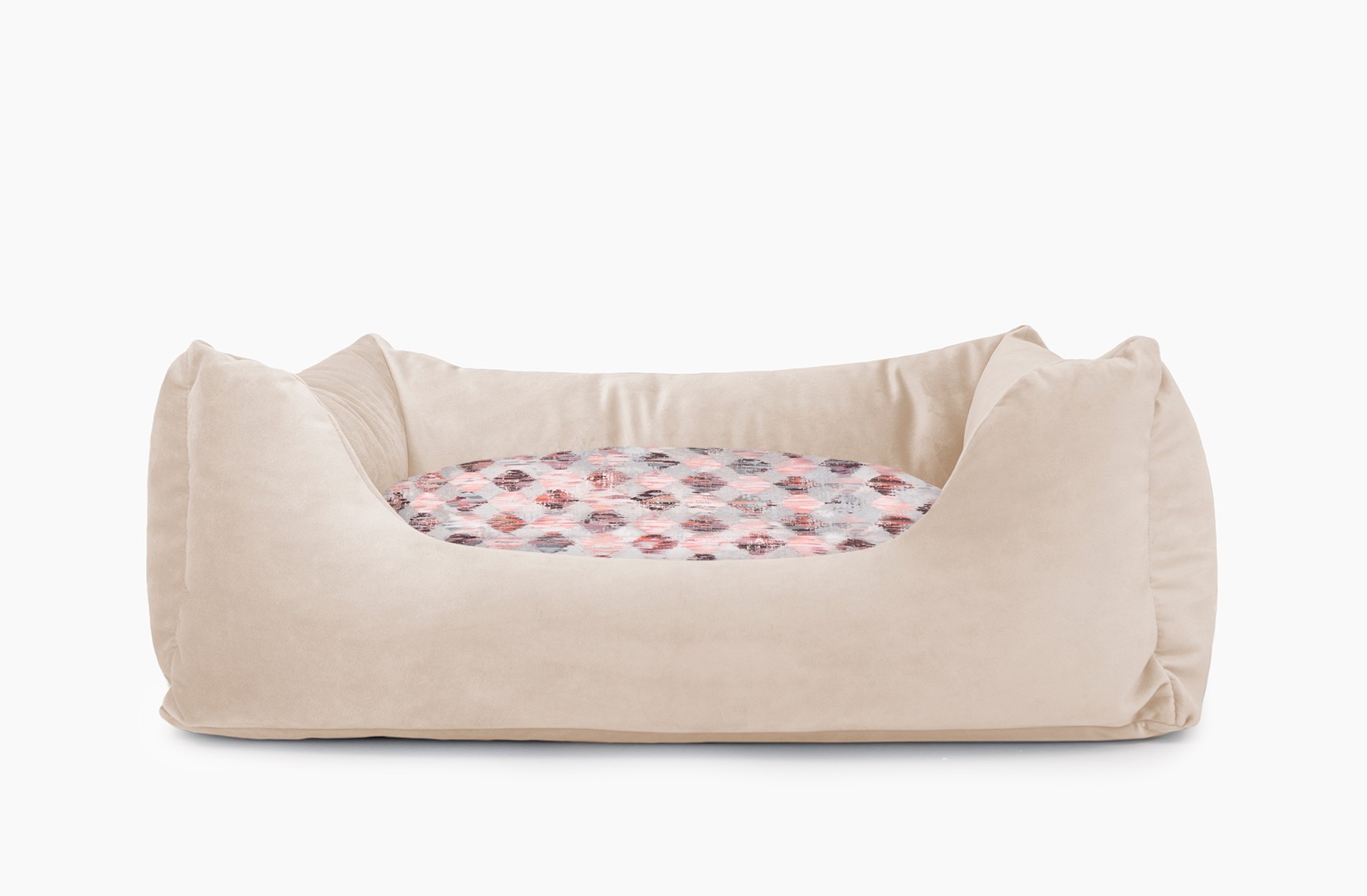 Cama para mascotas en color Beige con cojín Rombos Rosa sin bordado