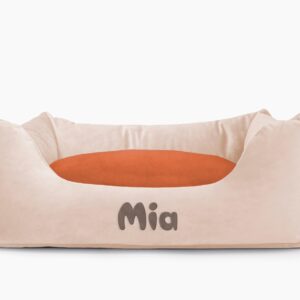 Cama para mascotas en color Beige con cojín Teja con bordado