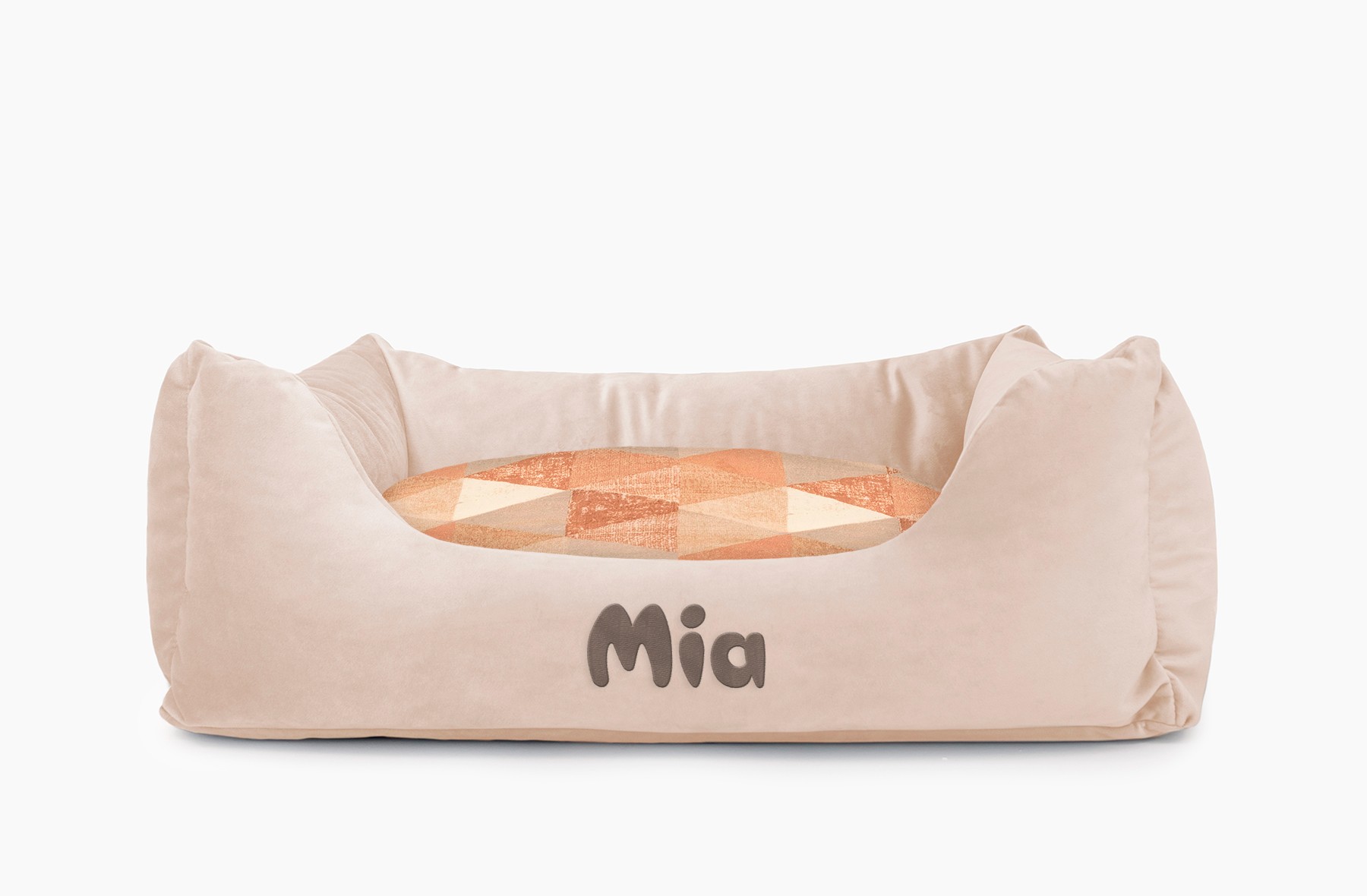 Cama para mascotas en color Beige con cojín Triángulos Teja con bordado