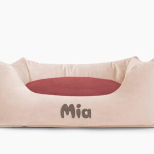 Cama para mascotas en color Beige con cojín Vino con bordado