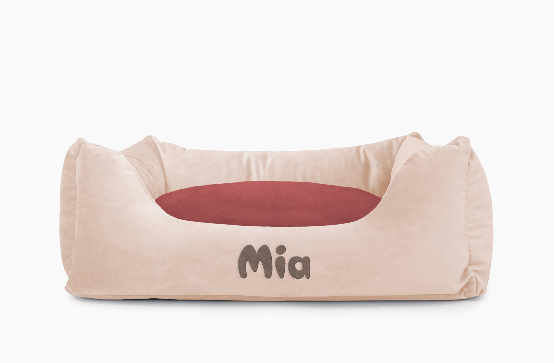 Cama para mascotas en color Beige con cojín Vino con bordado
