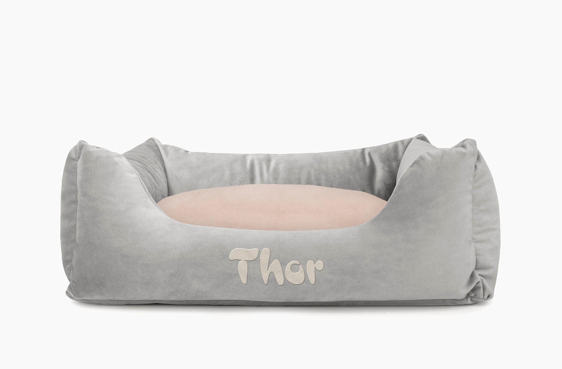 Cama para mascotas en color Gris con cojín Beige con bordado