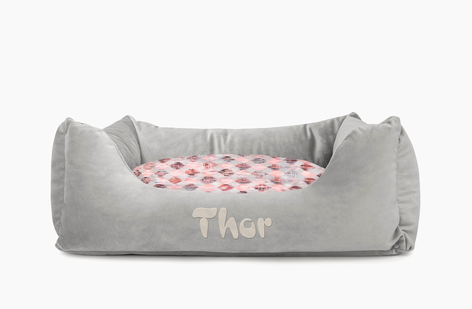 Cama para mascotas en color Gris con cojín Rombos Rosa con bordado