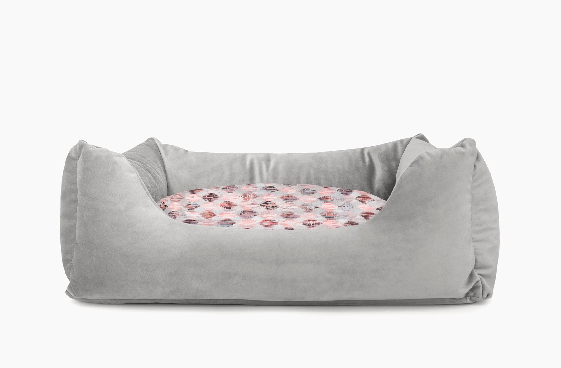 Cama para mascotas en color Gris con cojín Rombos Rosa sin bordado