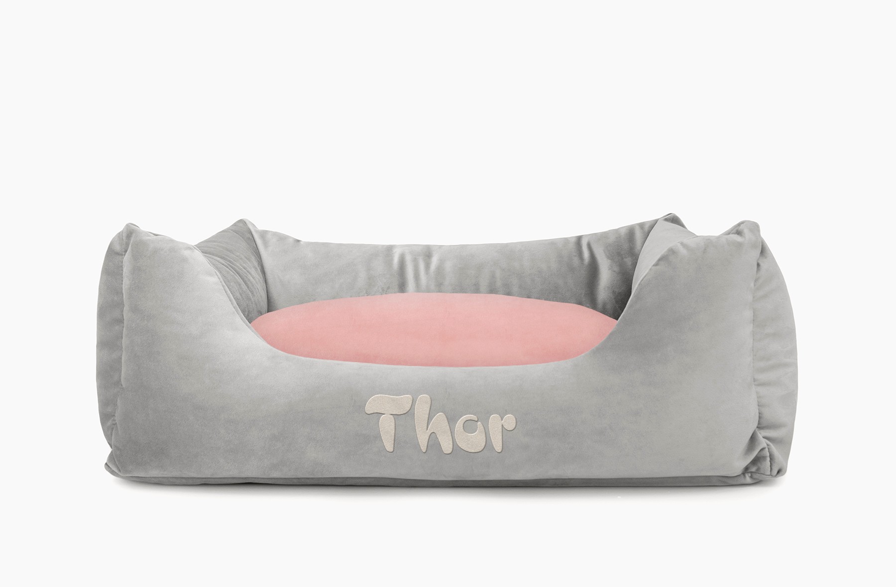 Cama para mascotas en color Gris con cojín Rosa Palo con bordado