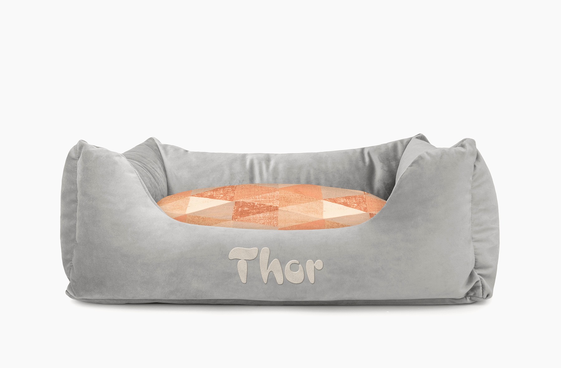 Cama para mascotas en color Gris con cojín Triángulos Teja con bordado