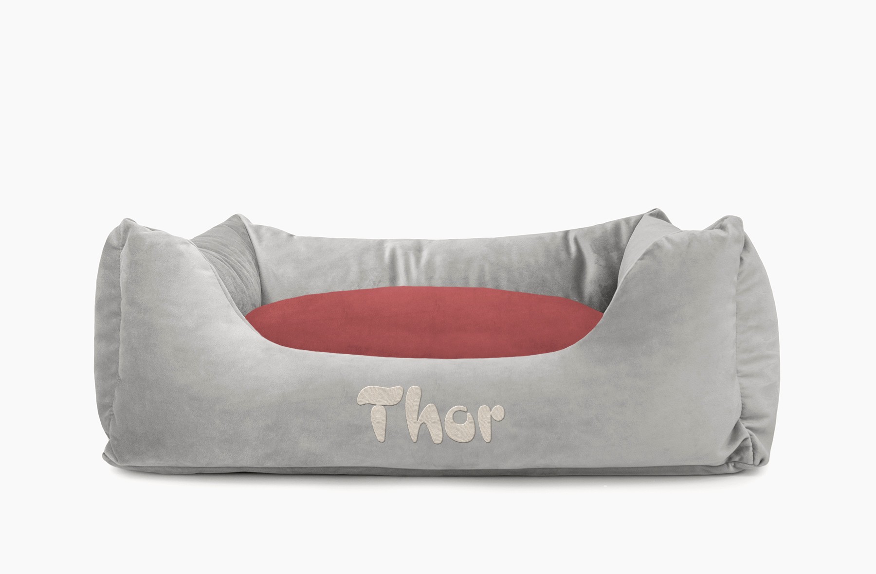 Cama para mascotas en color Gris con cojín Vino con bordado