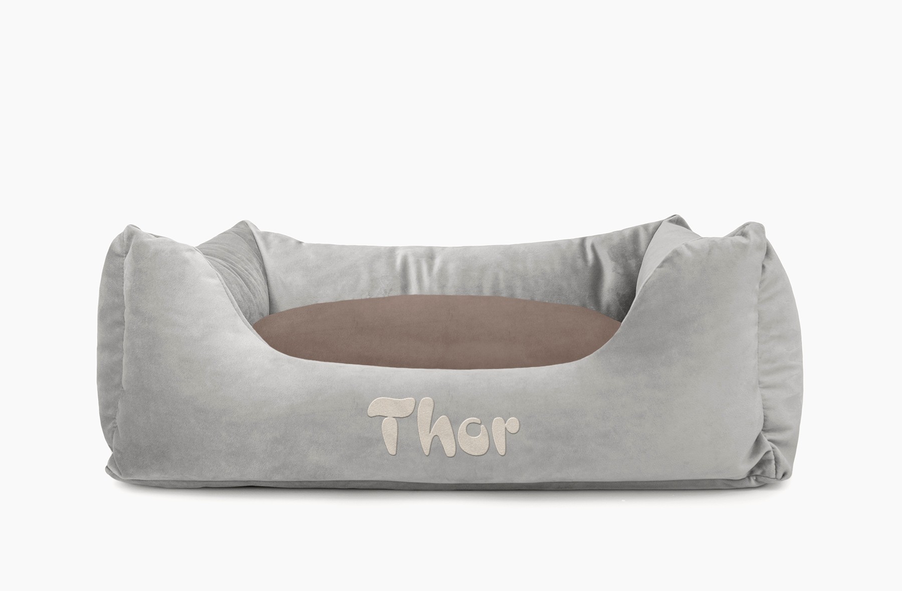 Cama para mascotas en color Gris con cojín Visón con bordado