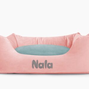 Cama para mascotas en color Rosa Palo con cojín Agua con bordado