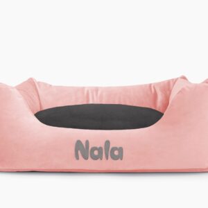 Cama para mascotas en color Rosa Palo con cojín Antracita con bordado