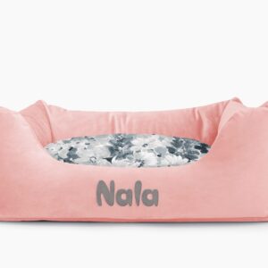 Cama para mascotas en color Rosa Palo con cojín Flores Agua con bordado