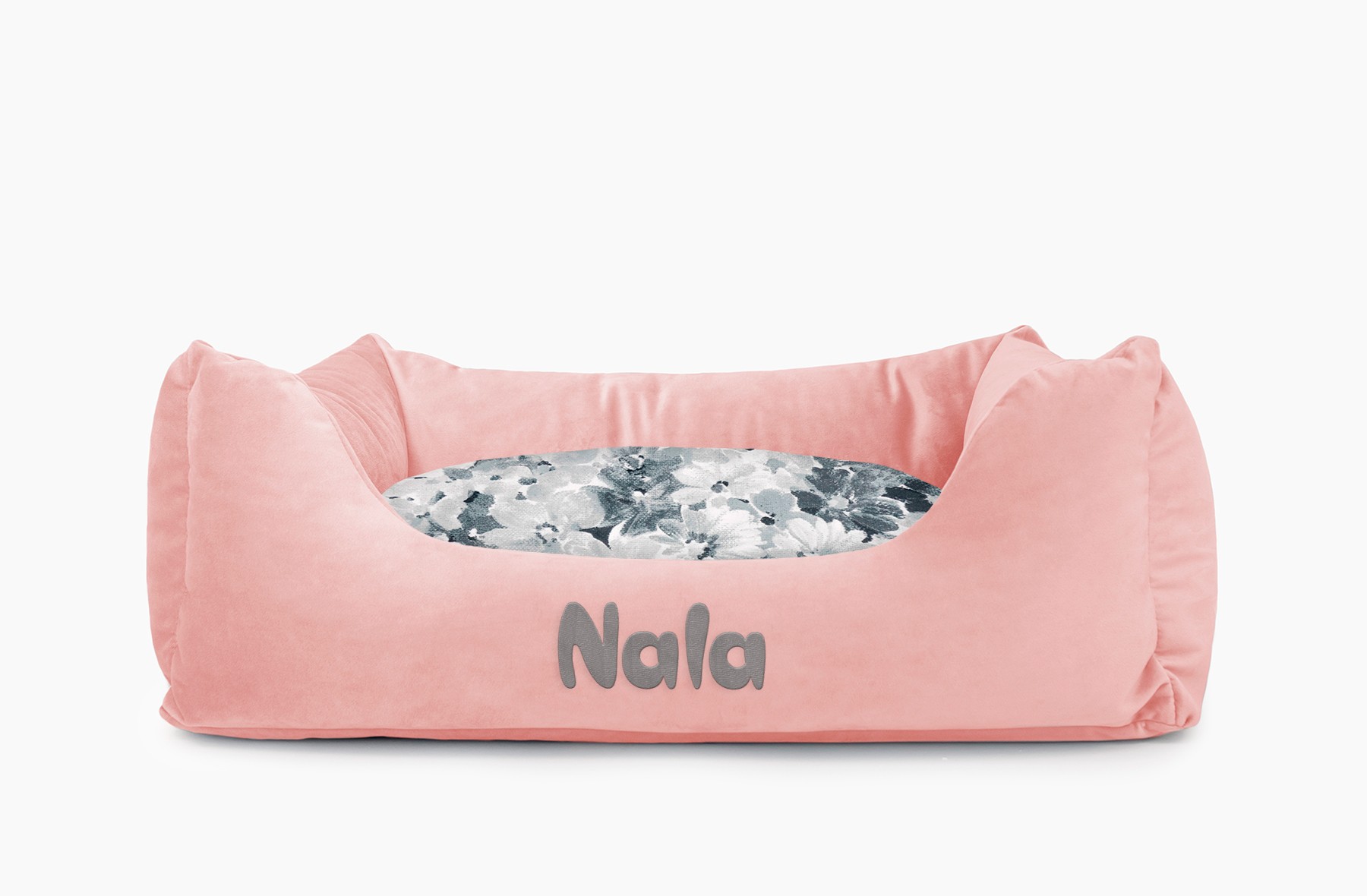 Cama para mascotas en color Rosa Palo con cojín Flores Agua con bordado
