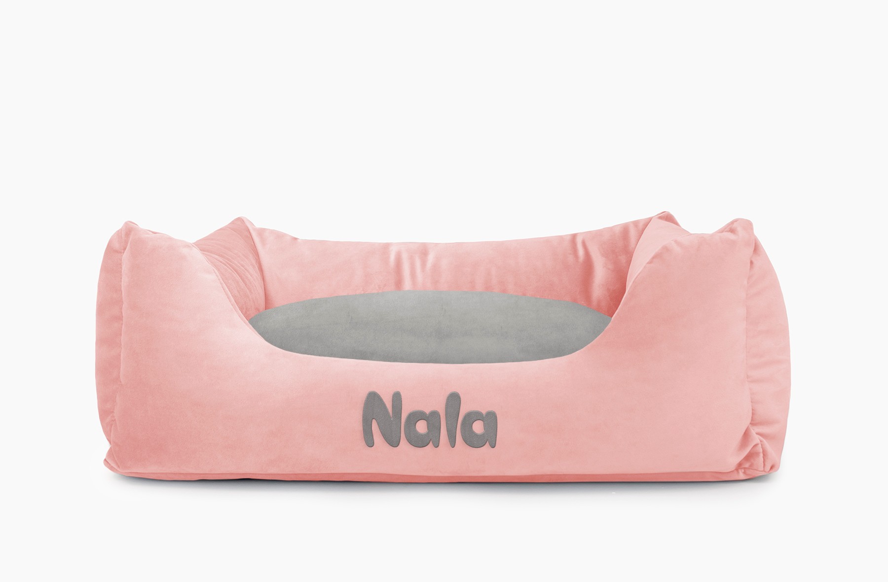 Cama para mascotas en color Rosa Palo con cojín Gris con bordado