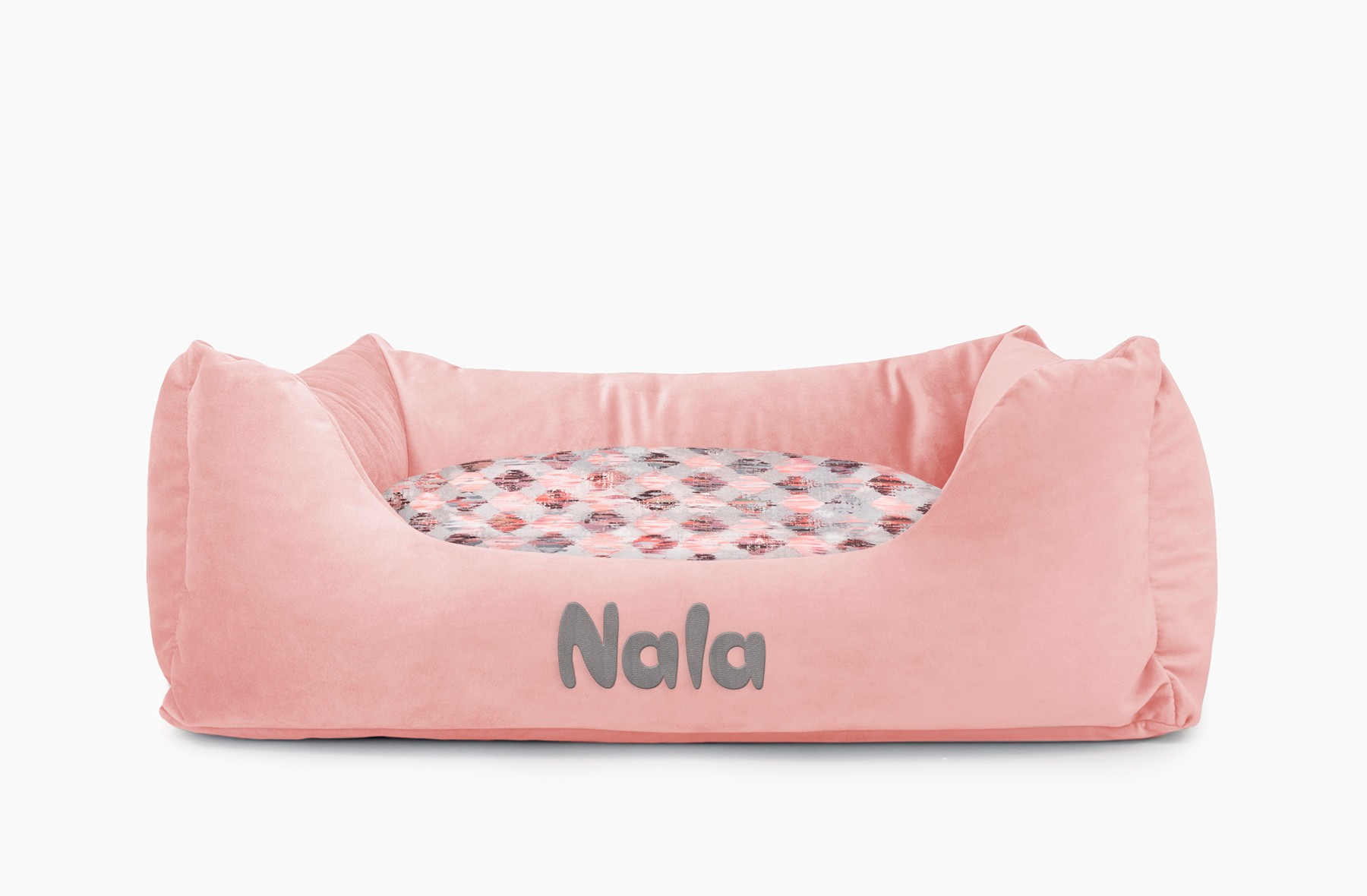 Cama para mascotas en color Rosa Palo con cojín Rombos Rosa con bordado