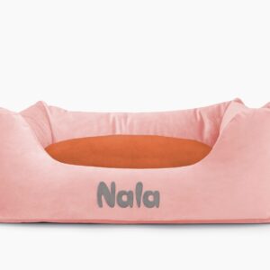 Cama para mascotas en color Rosa Palo con cojín Teja con bordado