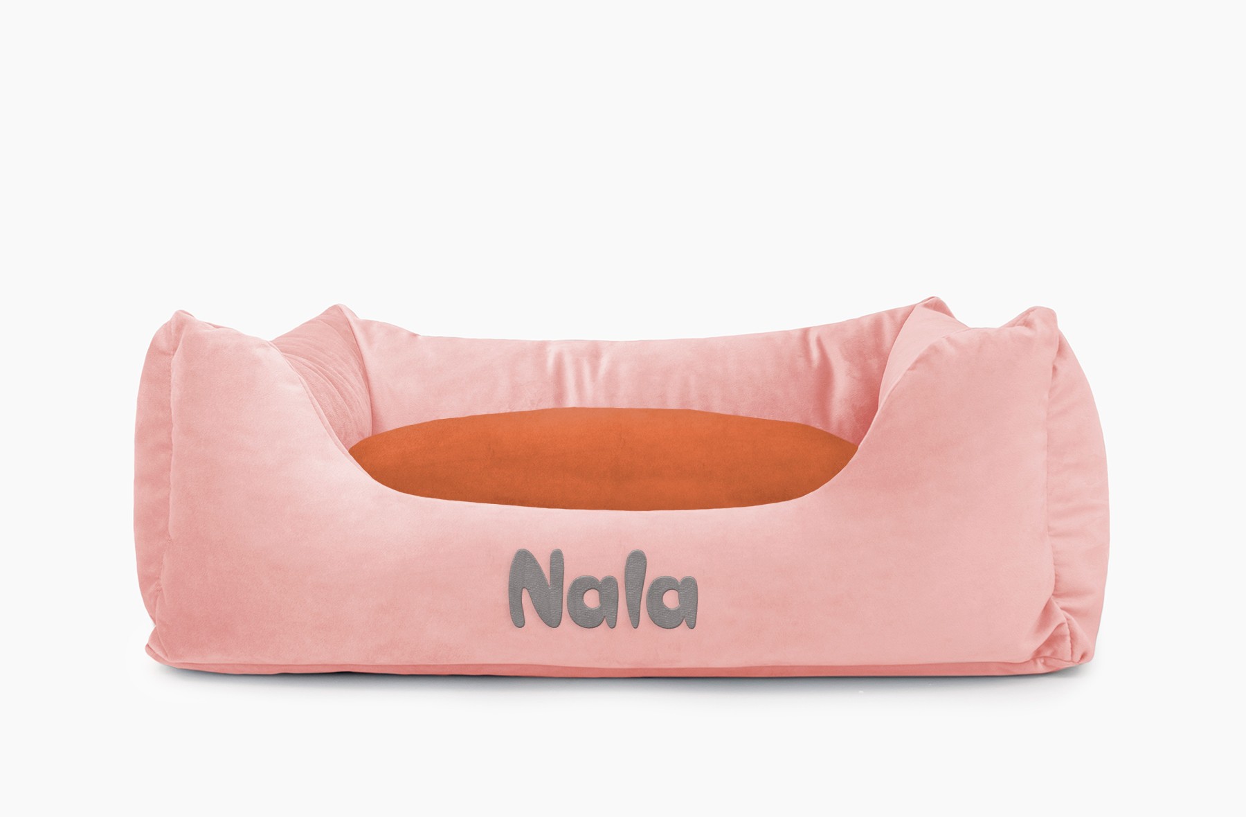Cama para mascotas en color Rosa Palo con cojín Teja con bordado