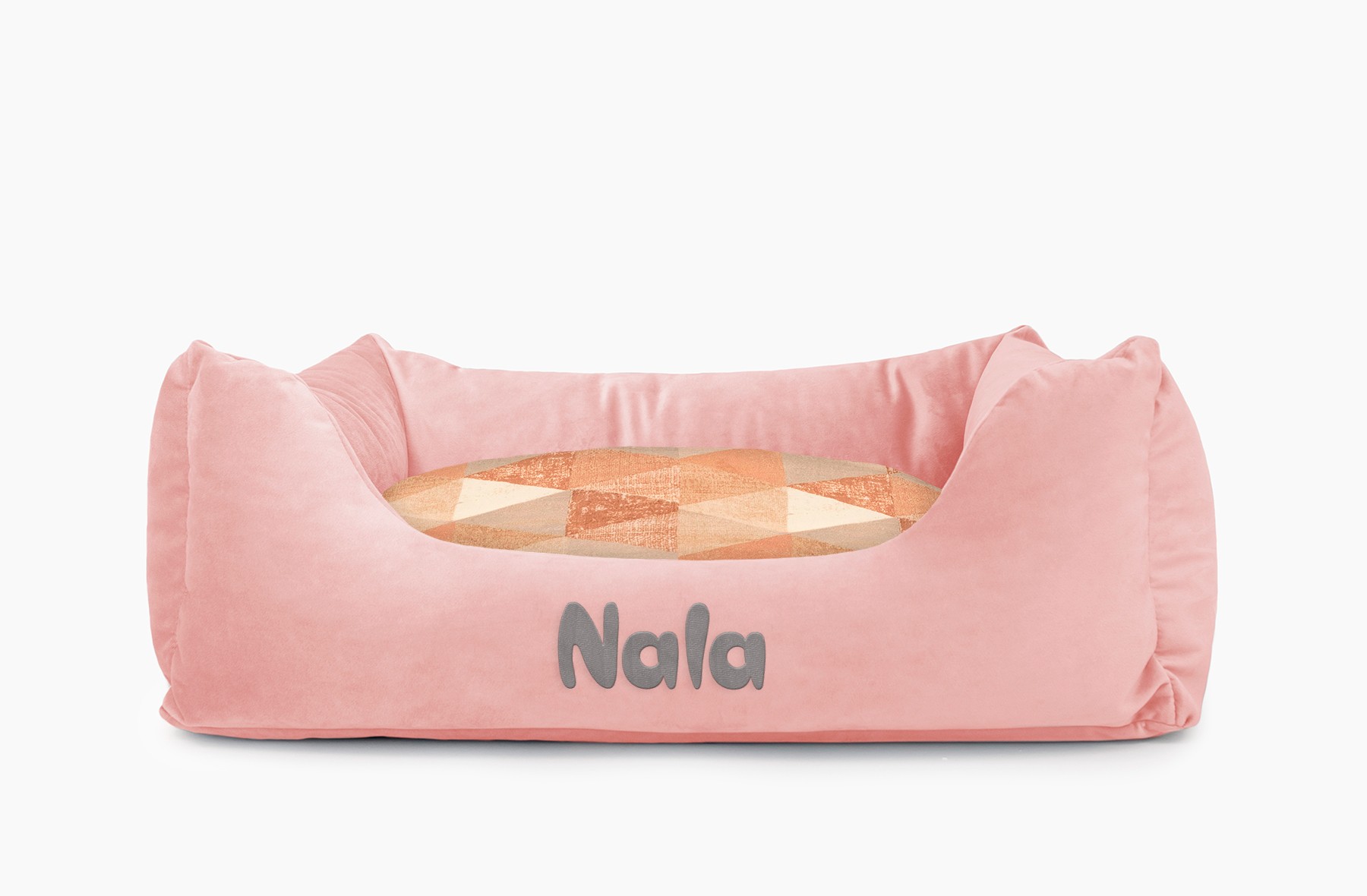 Cama para mascotas en color Rosa Palo con cojín Triángulos Teja con bordado