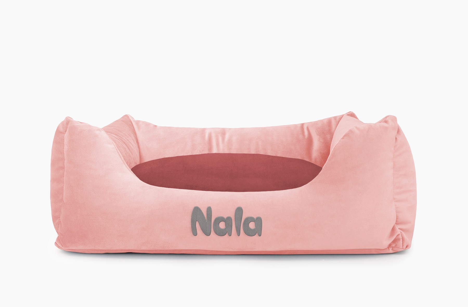 Cama para mascotas en color Rosa Palo con cojín Vino con bordado