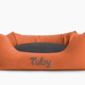 Cama para mascotas en color Teja con cojín Antracita con bordado
