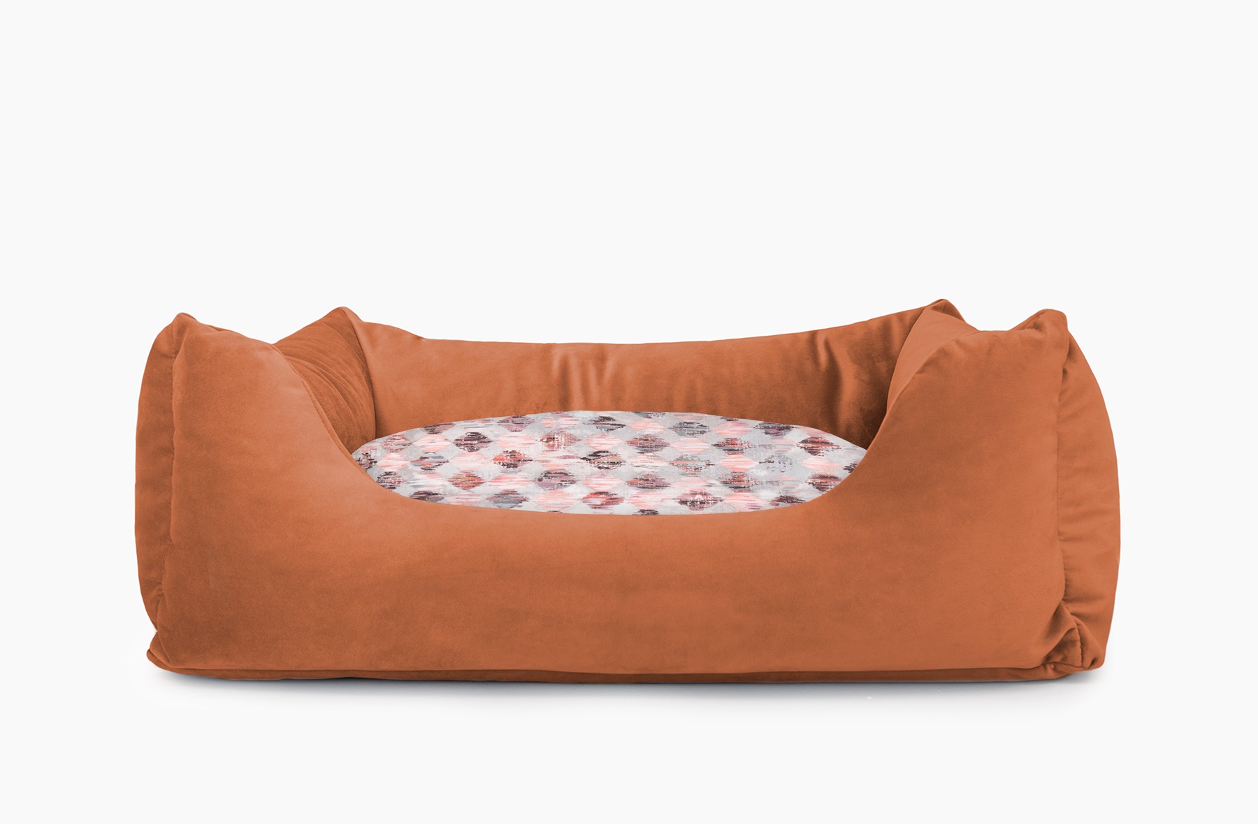 Cama para mascotas en color Teja con cojín Rombos Rosa sin bordado