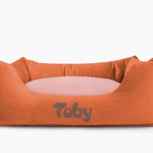 Cama para mascotas en color Teja con cojín Rosa Palo con bordado