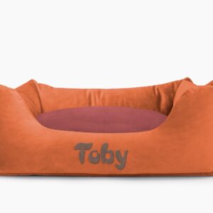 Cama para mascotas en color Teja con cojín Vino con bordado