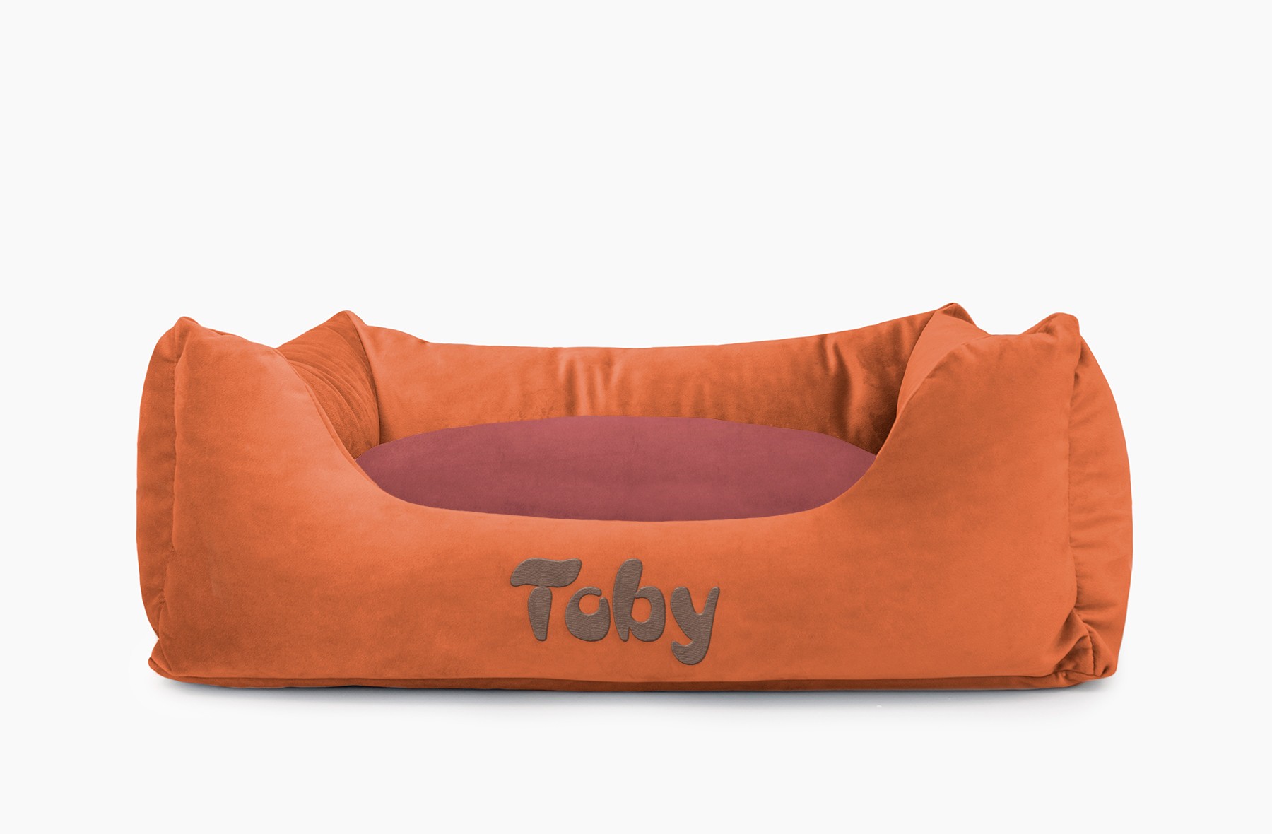 Cama para mascotas en color Teja con cojín Vino con bordado