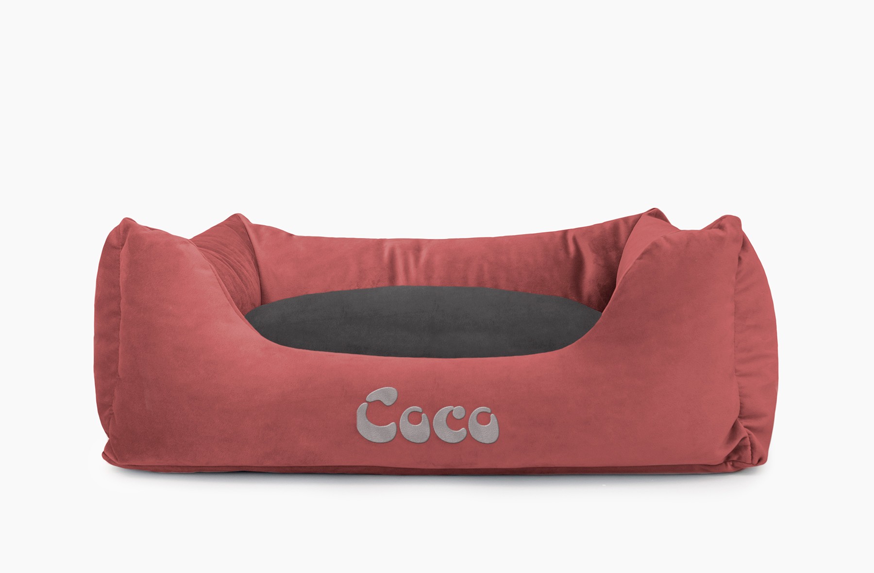 Cama para mascotas en color Vino con cojín Antracita con bordado