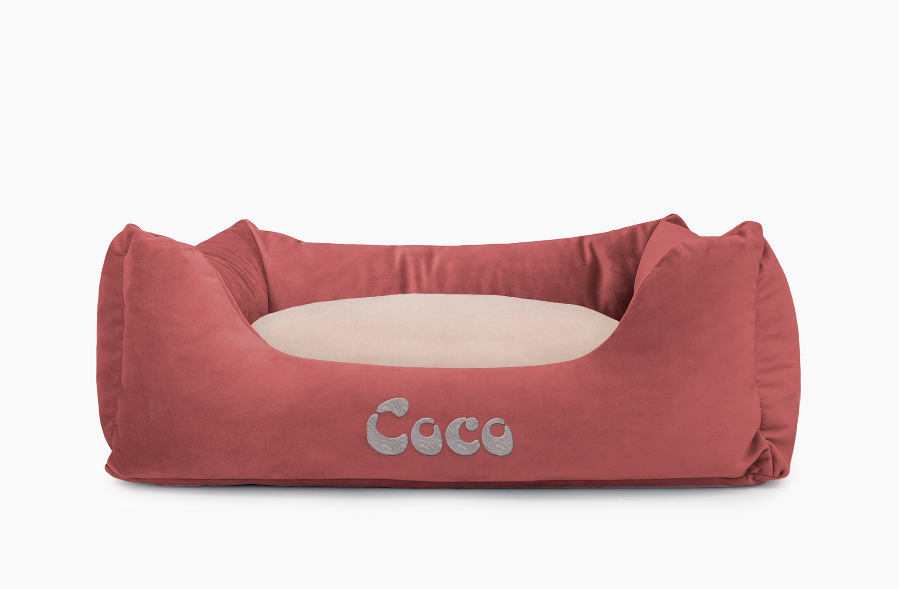 Cama para mascotas en color Vino con cojín Beige con bordado