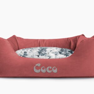 Cama para mascotas en color Vino con cojín Flores Agua con bordado