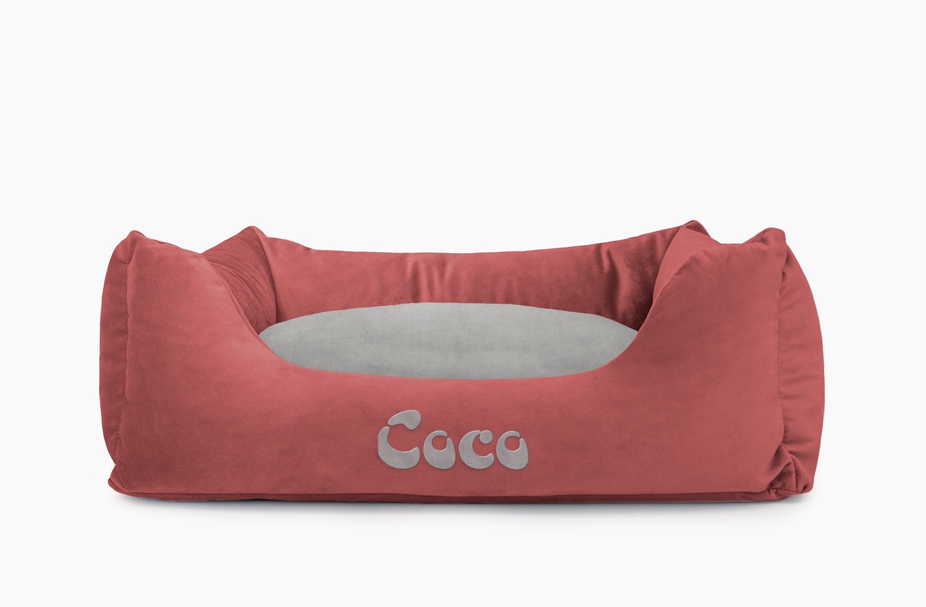 Cama para mascotas en color Vino con cojín Gris con bordado