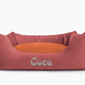 Cama para mascotas en color Vino con cojín Teja con bordado